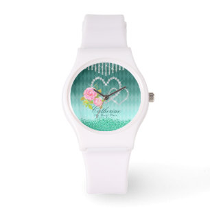 Glittering Hearts Blommigt Aqua Armbandsur