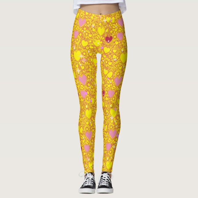 Glittering Hearts Mönster 01 BYellow BG Leggings (Framsida)