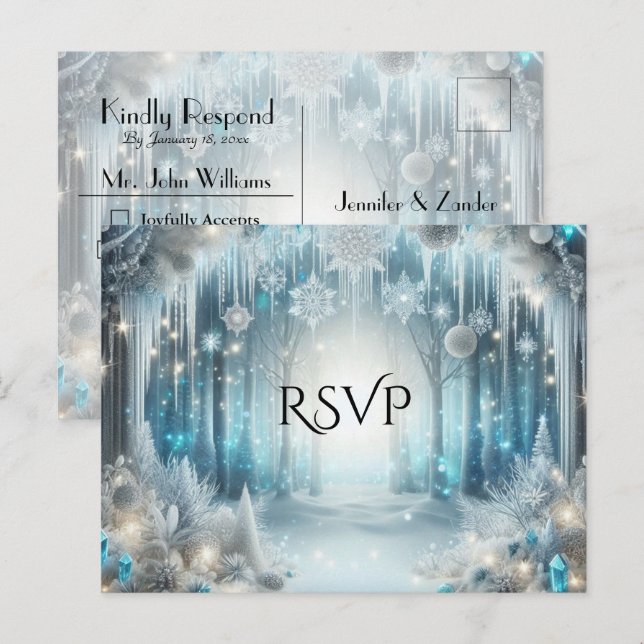 Glittering Snowy Forest Wedding RSVP Inbjudan Vykort (Fram/baksida)