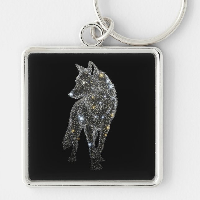 Glittering Wolf Key Ring Fyrkantig Silverfärgad Nyckelring (Framsidan)