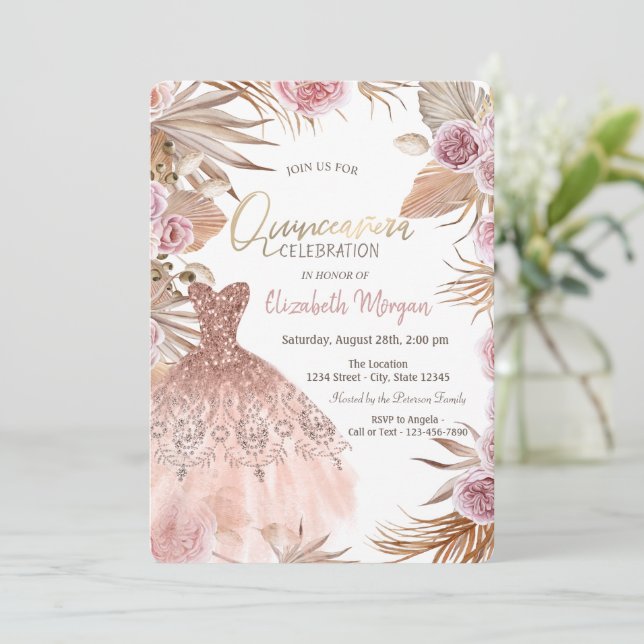 Glitterklänning Boho blommor Quinceañera  Inbjudningar (Stående Fram)