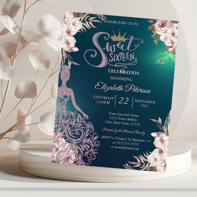 Glitterklänning, diamanter blommor grön Sweet 16  Inbjudningar (Skapare uppladdad)