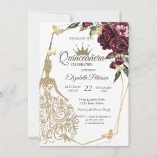 Glitterklänning, Fjärilsrosor Burgunder Quinceañer Inbjudningar