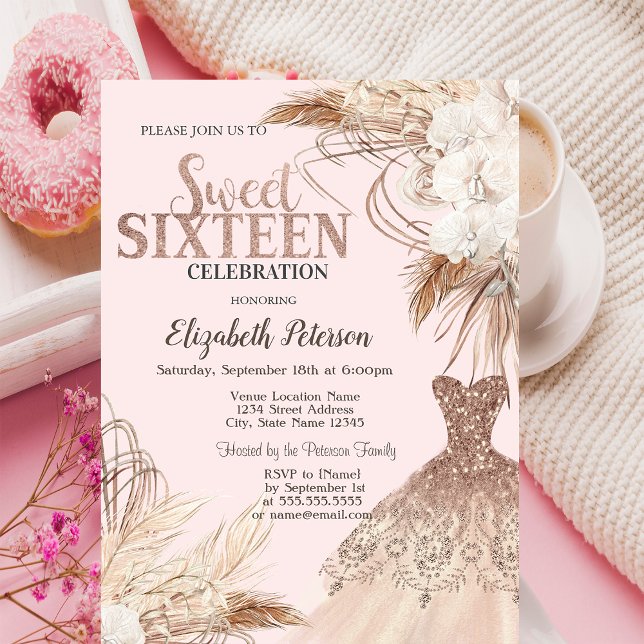 Glitterklänning, Pampasgräs, Boho-blommor Sweet 16 Inbjudningar (Skapare uppladdad)