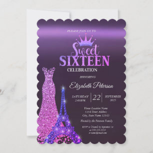 Glitterklänning, Tiara, Eiffeltornet Lila Sweet 16 Inbjudningar