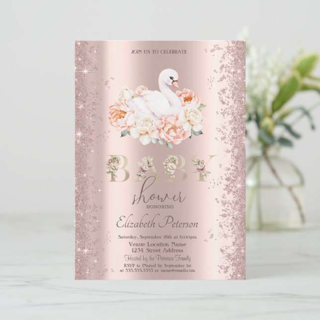 Glitterkonfetti Blommig Svan Bebis Shower Inbjudningar (Stående Fram)