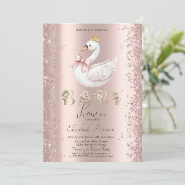 Glitterkonfetti Blommig Svanbåge Baby Shower Inbjudningar (Stående Fram)