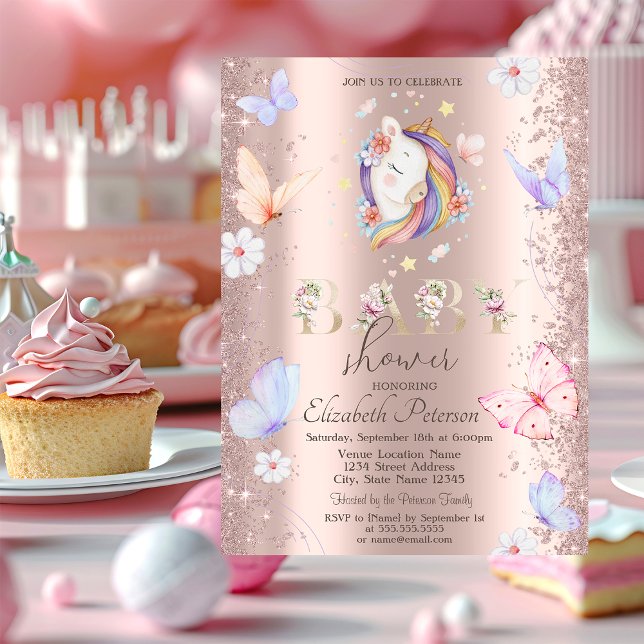 Glitterkonfetti Enhörning Fjärilar Baby Shower Inbjudningar (Skapare uppladdad)