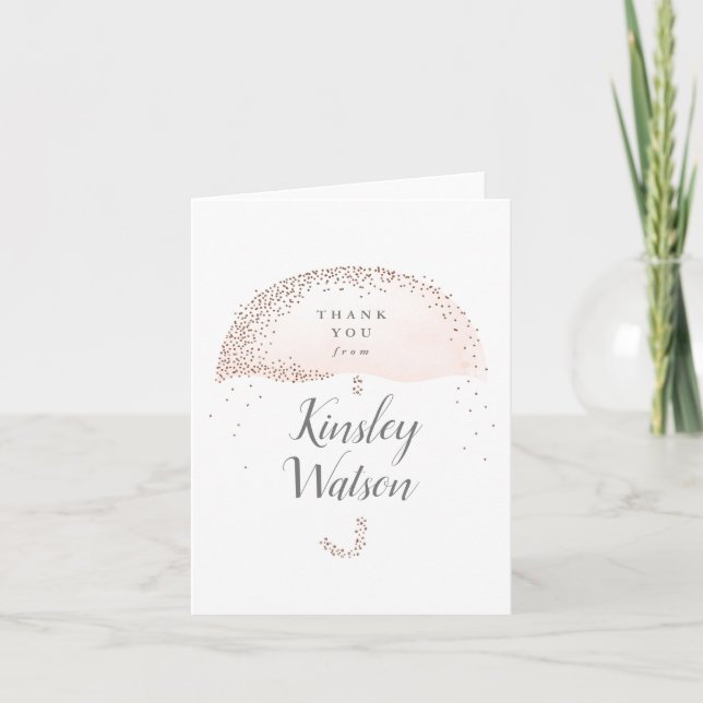 Glitterkonfetti rosenskär paraply tack regndroppar kort (Framsida)