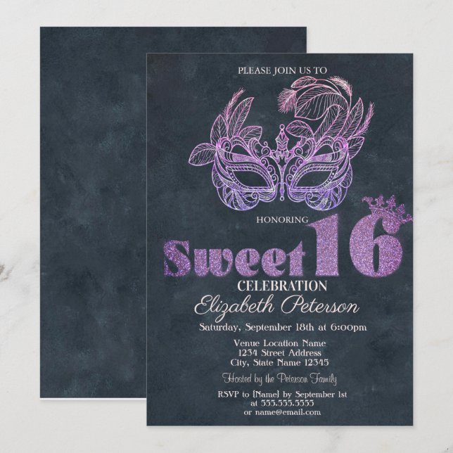Glittermask Violet  Sweet 16 Inbjudningar (Fram/baksida)