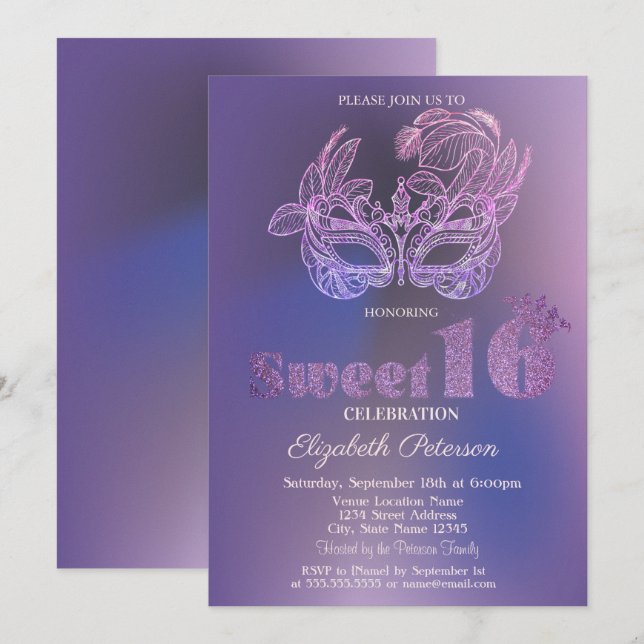 Glittermask Violet Sweet 16 Inbjudningar (Fram/baksida)