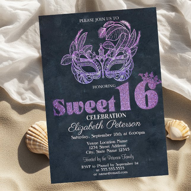 Glittermask Violet  Sweet 16 Inbjudningar (Skapare uppladdad)