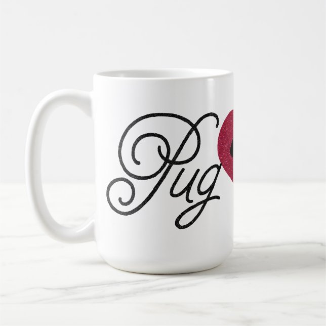 Glittermopskärlek lismar mops i hjärtamugg kaffemugg (Vänster)