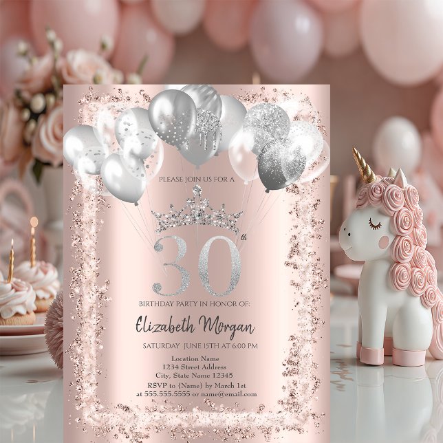 Glitterram, Silverkrona, Ballonger 30-årsdag Inbjudningar (Skapare uppladdad)