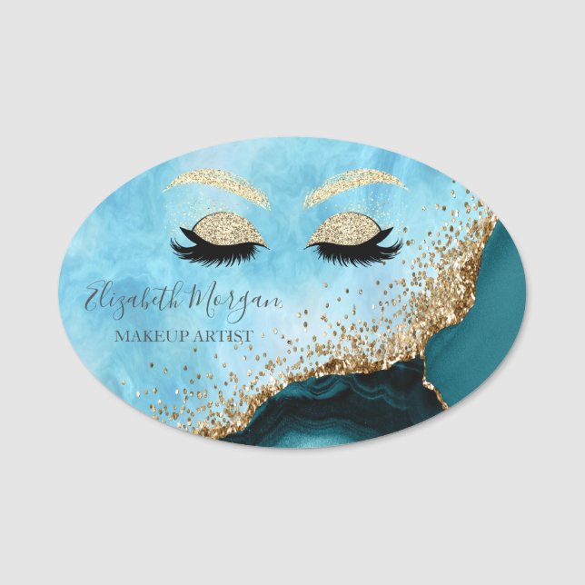 Glitterränder, Turkos marmor Makeupartist Namnbricka (Framsida)
