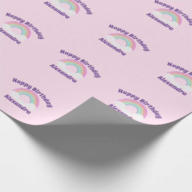 Glitterregnbåge Anpassad Glad födelsedag på rosa Presentpapper (Hörn)