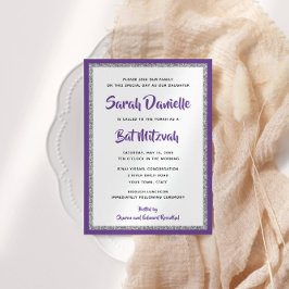 Glitters Bat mitzvah Lila och Silver-rektangel Inbjudningar