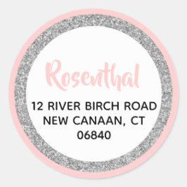 Glitters Rosa och Silver Returadress Runt Klistermärke