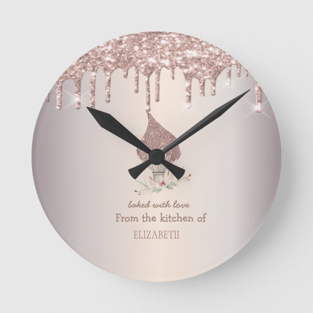 Glittervisp Rosa Guldglitterdroppar Bageri    Rund Klocka (Framsida)