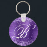 Glittery Amethyst Foil Finare Monogram Nyckelring<br><div class="desc">Elegant lila glitter med gnistor mot en faux amethyst-bild med borstad metall. Det vita finare-kalligrafimonogrammet i finare i mitten kan anpassas. All sparsam och glansig inslag i denna moderna gigantiska design är digital grafik. Monogrammed värdefull cirkel formar nyckelring party favors för hennes speciella födelsedag.</div>