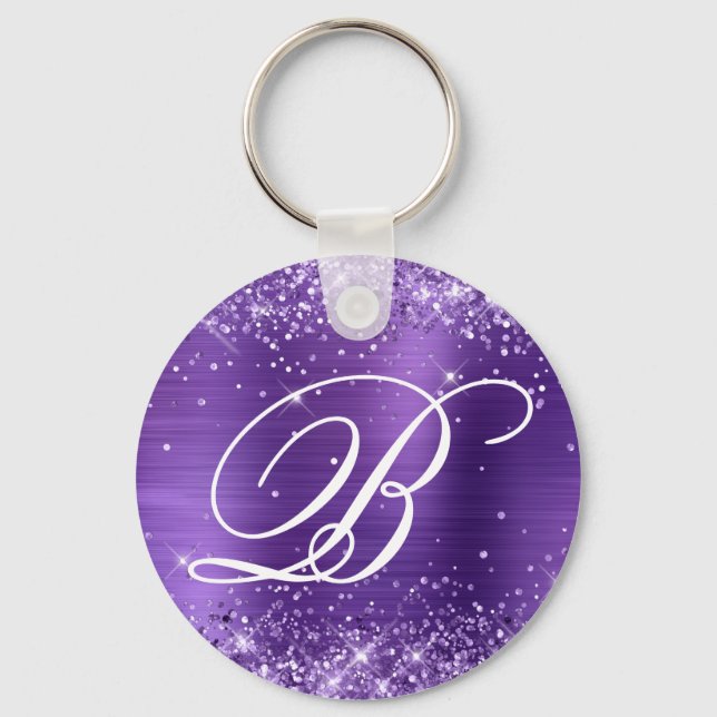 Glittery Amethyst Foil Finare Monogram Nyckelring (Framsida)
