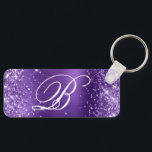 Glittery Amethyst Foil Finare Monogram Nyckelring<br><div class="desc">Elegant lila glitter med gnistor mot en faux klassisk metall-folie med borstad . Det vita finare-kalligrafimonogrammet i finare i mitten kan anpassas. All sparsam och glansig inslag i denna moderna gigantiska design är digital grafik. Monogrammed värdefull nyckelring party favors för hennes speciella födelsedag. En trevlig storlek för en medarbetares nyckelring....</div>
