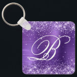 Glittery Amethyst Foil Finare Monogram Nyckelring<br><div class="desc">Elegant lila glitter med gnistor mot en faux amethyst-bild med borstad metall. Det vita finare-kalligrafimonogrammet i finare i mitten kan anpassas. All sparsam och glansig inslag i denna moderna gigantiska design är digital grafik. Monogrammed värdefull nyckelring party favors för hennes speciella födelsedag.</div>