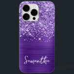 Glittery Amethyst Lila Glam Namn<br><div class="desc">Anpassa det moderna handskrivna stil-skriptet för att skapa ditt eget fodral. Lägg till en monogramsstart för att skapa en första inledande namn-kombination. Flickfaux lila glitter och borstad metall-folie trycks som ett foto.</div>
