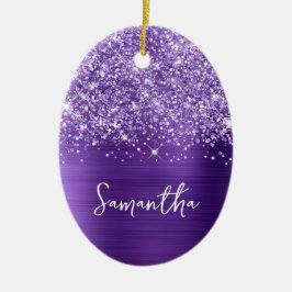 Glittery Amethyst Lila Glam Namn Oval Photo Julgransprydnad Keramik