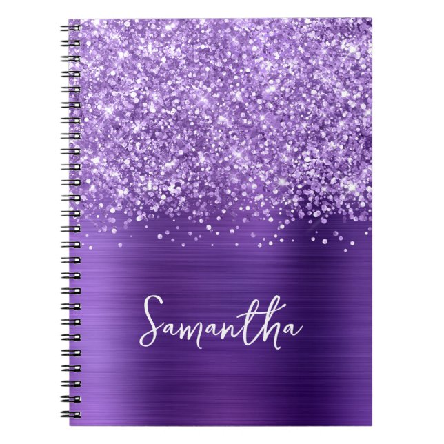 Glittery Amethyst Lila Glam Script Namn Anteckningsbok (Framsidan)