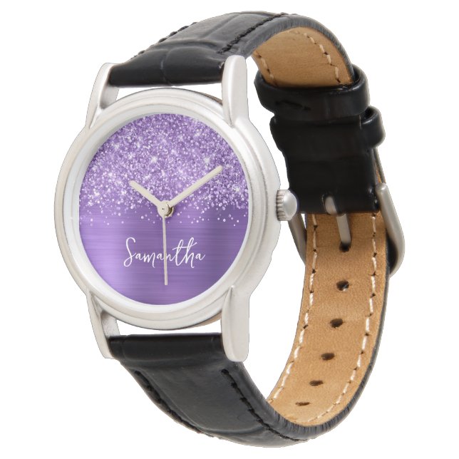 Glittery Amethyst Lila Glam White Namn Armbandsur (Vinklad)
