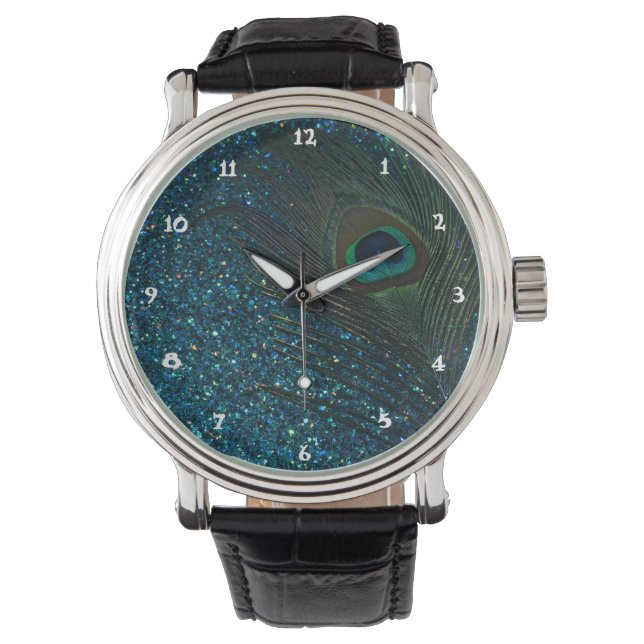 Glittery Aqua Peacock Armbandsur (Framsida)