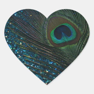 Glittery Aqua Peacock Hjärtformat Klistermärke