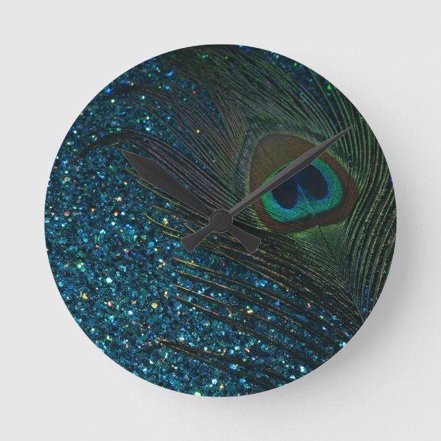 Glittery Aqua Peacock Rund Klocka (Framsida)