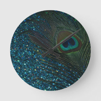 Glittery Aqua Peacock Rund Klocka