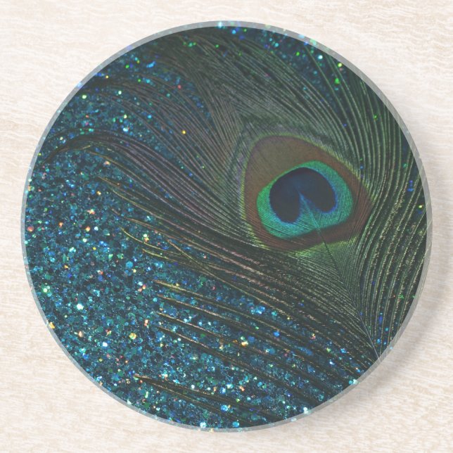 Glittery Aqua Peacock Underlägg Sandsten (Framsidan)