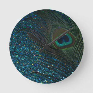 Glittery Aquapåfågel Rund Klocka