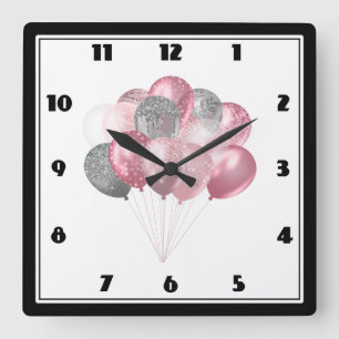 Glittery Balloon Bunch i Rosa och Silver Fyrkantig Klocka