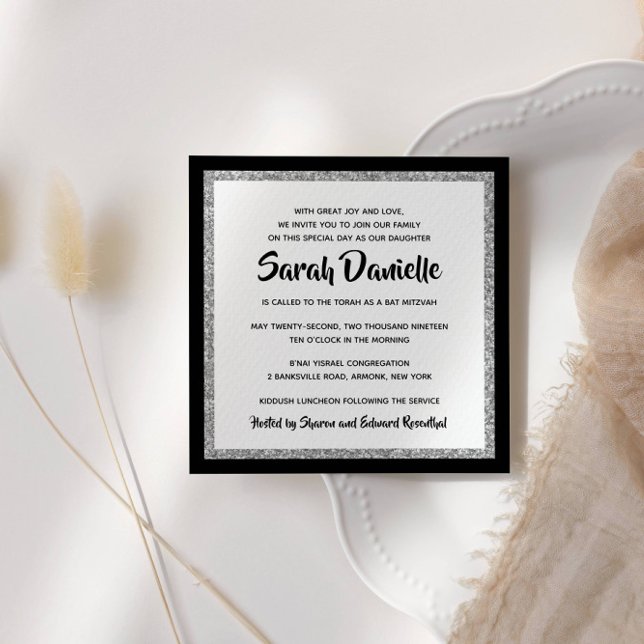 Glittery Bat mitzvah Black Silver Square Inbjudningar (Skapare uppladdad)