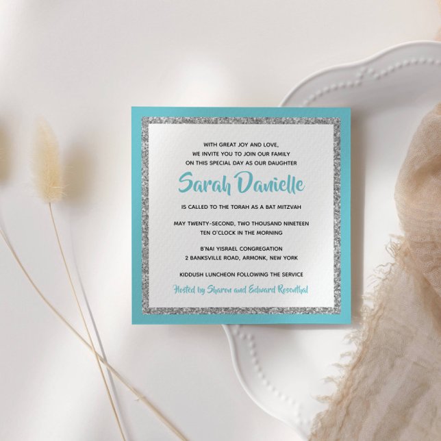Glittery Bat mitzvah Light Blue och Silver Inbjudningar (Skapare uppladdad)