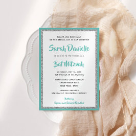 Glittery Bat mitzvah Teal and Silver Rectangle Inbjudningar