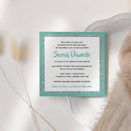 Glittery Bat mitzvah Teal and Silver Square Inbjudningar