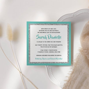 Glittery Bat mitzvah Teal and Silver Square Inbjudningar