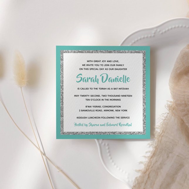 Glittery Bat mitzvah Teal and Silver Square Inbjudningar (Skapare uppladdad)
