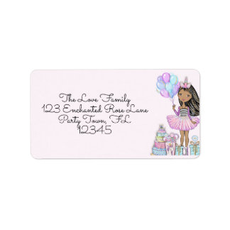 Glittery Birthday African American Girl Unicorn Adressetikett