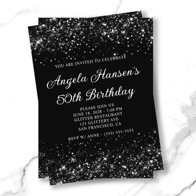 Glittery Black 50:e födelsedagen Inbjudningar (Glittery Black 50th Birthday Invitation)