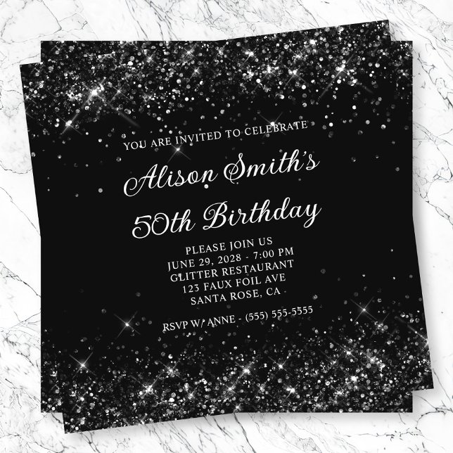 Glittery Black 50:e födelsedagen Inbjudningar (Glittery Black 50th Birthday Invitation)