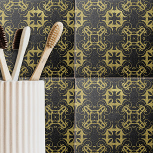 Glittery Black Faux Guld Metallic Damask Pattern Kakelplatta