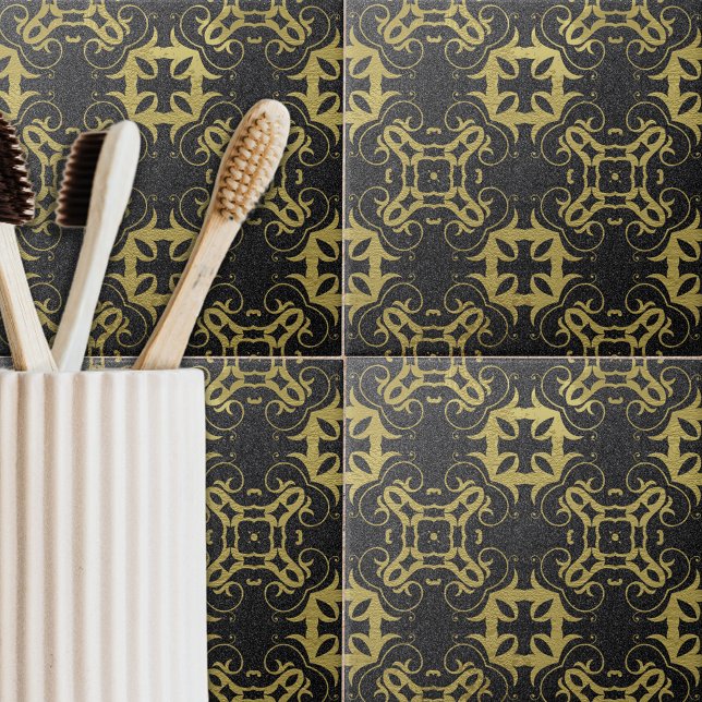 Glittery Black Faux Guld Metallic Damask Pattern Kakelplatta (Skapare uppladdad)