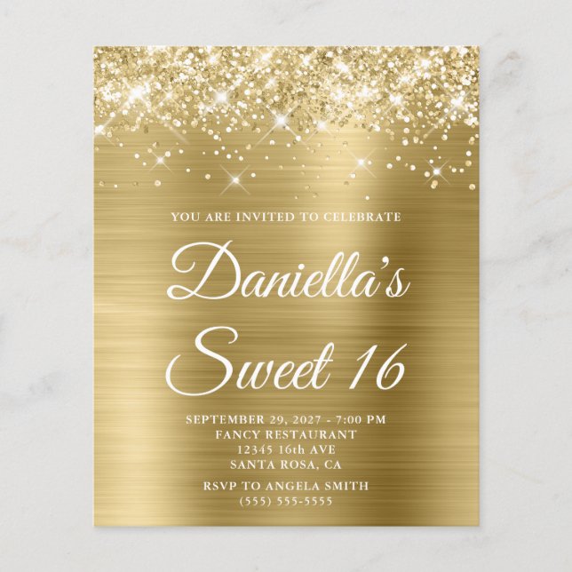 Glittery Blek Gold Foil Sweet 16 Budget Inbjudan (Framsida)